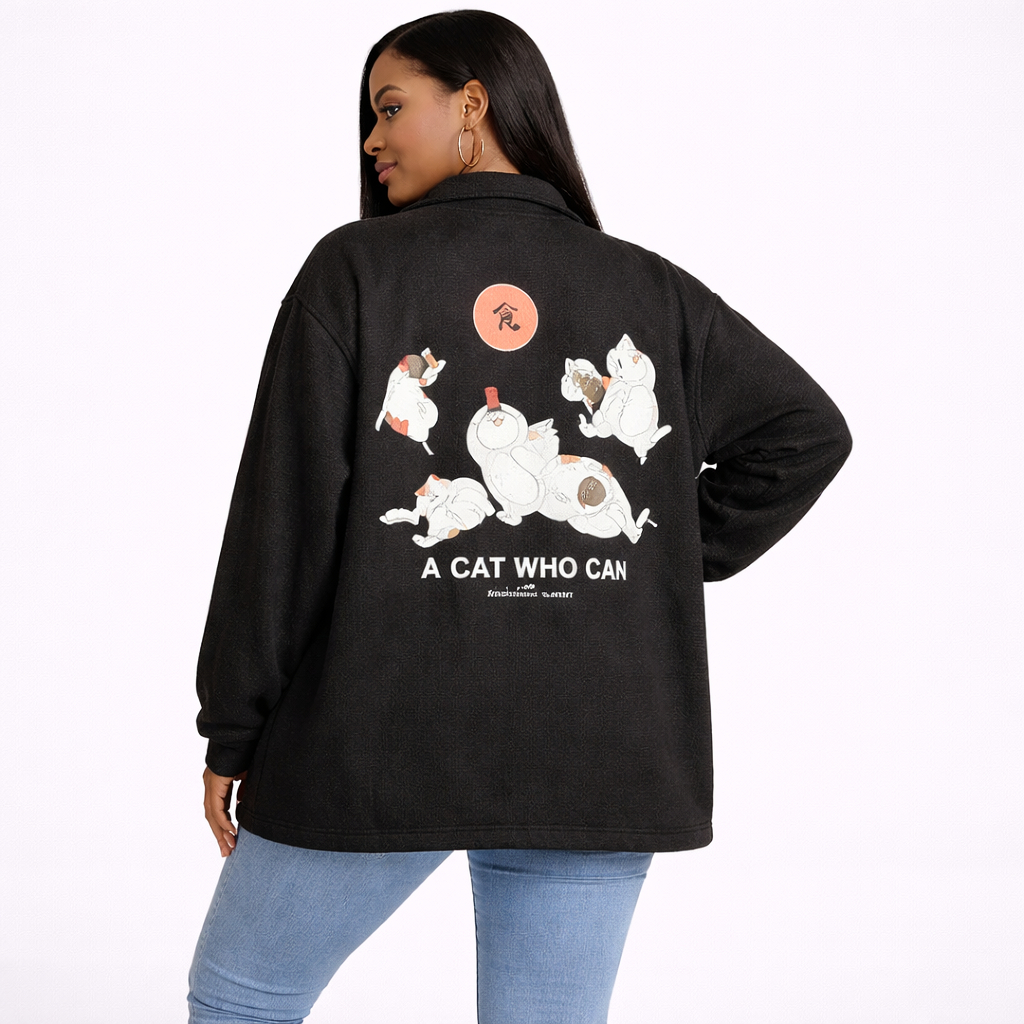 Black Cartoon Cat Print Zip Up Sweatshirt